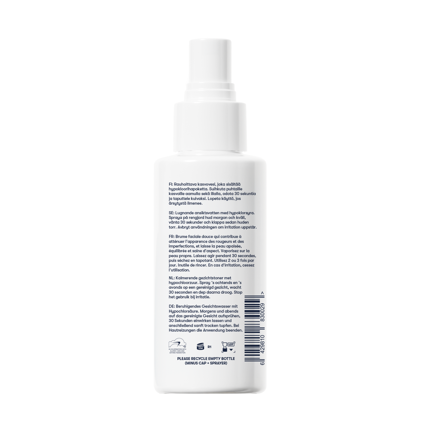 A white plastic Renew Toner facial mist bottle with a translucent cap and a multilingual label on the back. Designed to calm redness and reduce blemishes, it includes recycling symbols and a barcode near the bottom.
